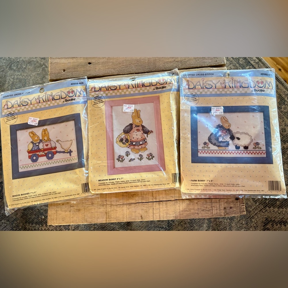 1991 Lot Of 3 Daisy Kingdom Bucilla Counted Cross Stitch Kits w/Frames NWT Bunny